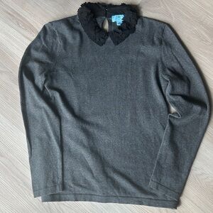 CeCe Sweater MED Black/Gray Floral Contrasting Neckline Lightweight